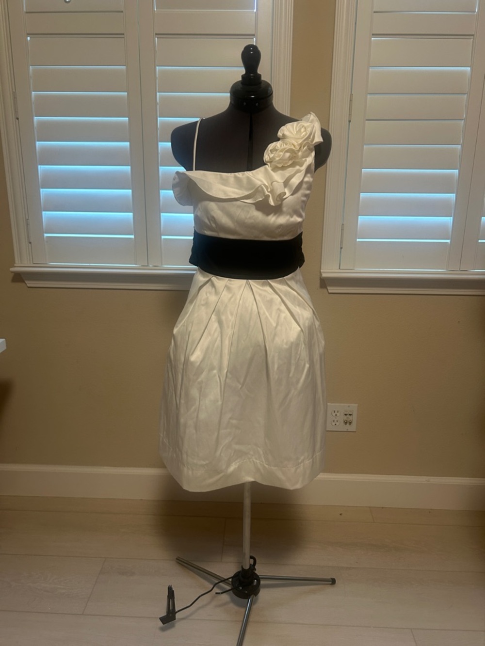 Teeze Me White One-Shoulder Asymmetrical Party Dress with Black Waistband